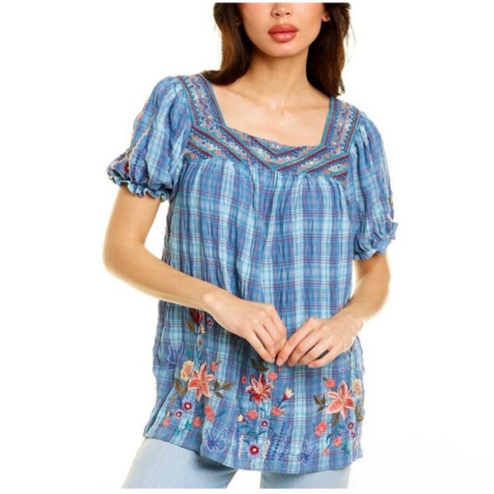 Johnny Was Womens Aimee Puff Blouse Peasant Sleeve Embroidered Floral Boho Sz S